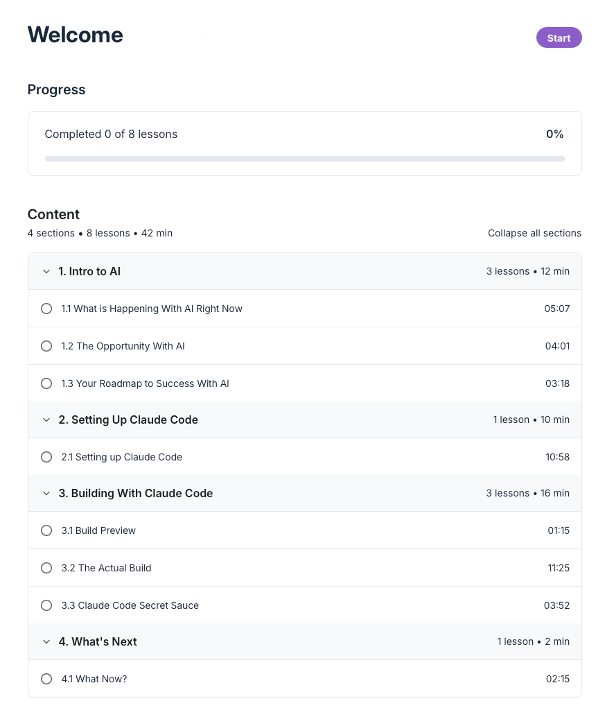 Inside the Build With AI course — module structure and lesson list